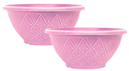Fyne-Finds Set of 2 Plastic Prisma Bowl Planter 30cm,12inch Powdered Raspberry Pink 6L Plant Pot with Drainage Holes Home Garden Decor
