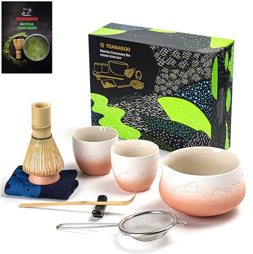 TEANAGOO Matcha Set Matcha Whisk Matcha Bowl with Pouring Spout Scoop Matcha Whisk Holder Tea Making Kit. Japanese Tea Set (7pcs) + 2Cups(5.6oz),S35,Gradient Pink White,Color Box Packing…