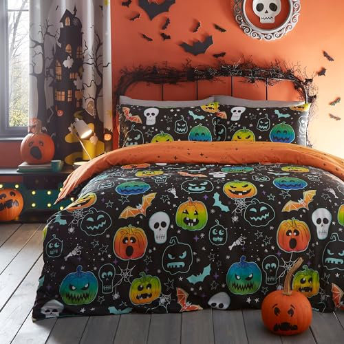 Bedlam - Halloween Kürbis & Totenköpfe Bettwäsche - Doppelbett (200 x 200cm) - Wende-Design (2 Motive) - Leuchtet im Dunkeln - Skelette & Fledermäuse Bettwäsche in Schwarz - Halloween Dekoration