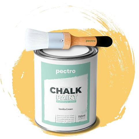 PECTRO Pintura a la Tiza para Muebles 750ml + Brocha de madera especial Pack - Pintura para Muebles sin lijar - Pintura para Madera - Pintura Chalk Paint Efecto Tiza Colores (Crema Vainilla)