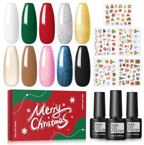 COSCELIA Vernis à Ongles Semi Permanent 10 Couleurs Set, Vernis Gel UV Semi Permanent Gel Nail Polish Blanc Rouge Rose Vert avec Stickers Autocollants Ongles Manucure Kit Cadeau Femme