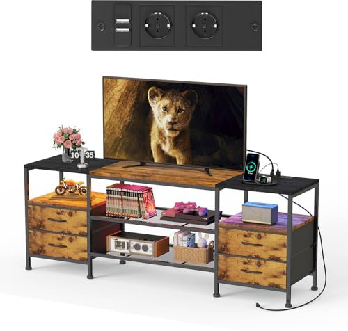 Mueble TV Con Enchufe y LED, Mesa TV de Hasta 70 Pulgadas, Muebles de Salon Con 4 Cajones de Tela y 2 Estantes Abiertos, Marco de Acero, 40x160x63cm, Para TV Dormitorio, Marrón