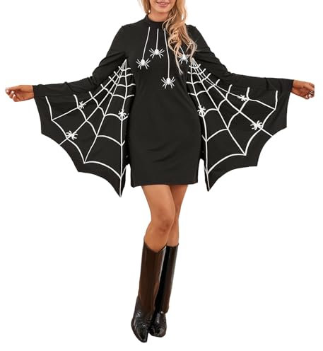 Felcia Spinnen-Kostüm für Damen, Halloween, Spinnennetz-Druck, langärmelig, Minikleid, lustiges Spinnenkleid für Karneval, Cosplay, Party (A-Schwarz, XL)