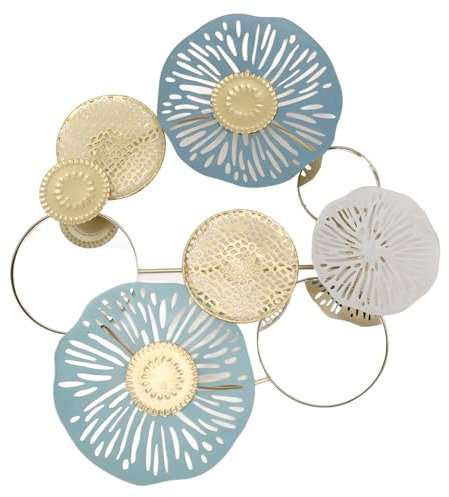 Ausla 3D Wandbild Lotus mit 3 Spiegel, 44x38cm Wandornament Eisenkunst Lotussamenkopf Wandskulptur in gold/türkis