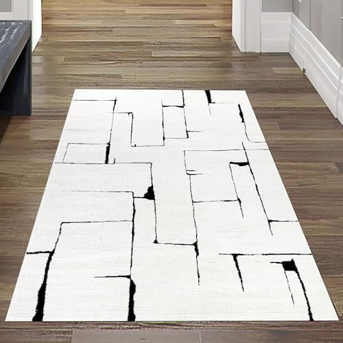 Teppich-Traum Teppich Wohnzimmer Läuferteppich Flur schlicht minimalistisch höheneffekt abstraktes Linienmuster in Creme schwarz, 80 x 150 cm