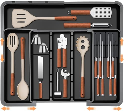 Utensil Drawer Organizer for Kitchen, Expandable Silverware Organizer Cooking Tray, Large Cutlery and Flatware Holder, Kitchen Spatula Tools & Gadgets Storage with Removable Knife blocks, Black