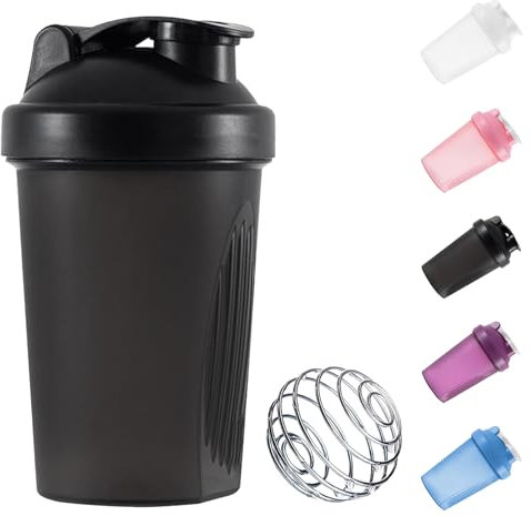 Protein Shaker Bottle 400ml with Stainless Steel Mixing Ball, Leakproof Flip On Lid, BPA- and DEHP- free, Odourless, Dishwasher Safe, Temperature Safe (Black)
