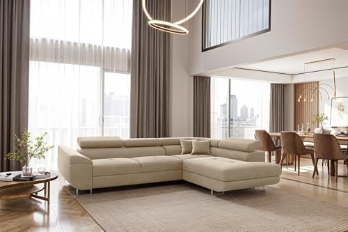 Kaiser Möbel - Ecksofa mit Schlaffunktion - Big Sofa - 275 x 202 cm - Relaxsofa, Verstellbare Kopfstützen, L Form, XXL, mit Bettkasten, Große Liegefläche 125x193 - Falio L Eckcouch Rechts, Hellbeige