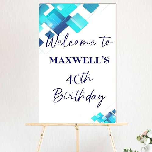 Personalised Happy Birthday Welcome Sign – Custom Name Age Date, Adult Party Decoration Photo Display Keepsake Board - 7 Design Styles (Blue Squares)