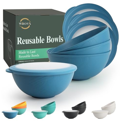 Wrova 40 oz Plastic Bowls Set of 4 with Lid | 1180ml Large Capacity Bowl for Oatmeal, Salad, Fruit, Deep Bowl Set | Reusable Bowls for Kitchen - Microwave and Dishwasher Safe - Blue