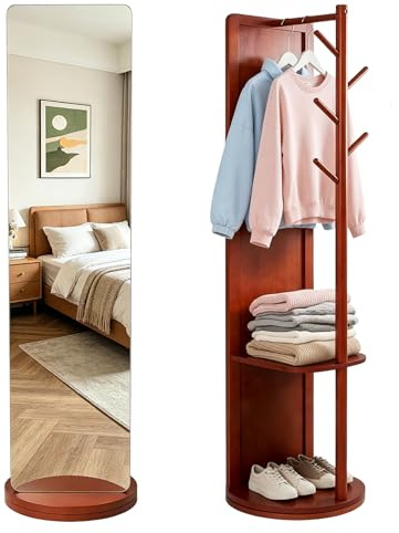 GFEMTH Miroir complet rotatif à 360°, miroir sur pied en bois massif avec vestiaire, miroir sur pied pour chambre à coucher et salon, design peu encombrant (marron vintage, A)
