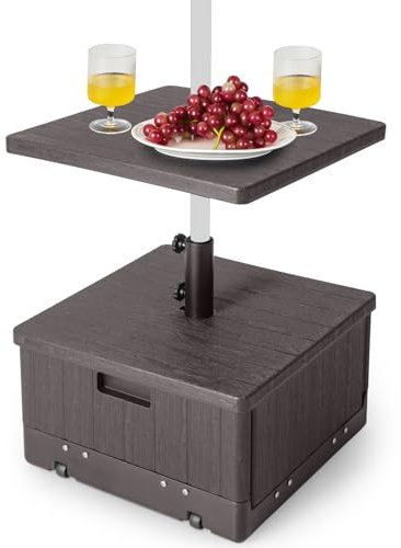 COSTWAY Pied de Parasol Carré, Base de Parasol en HDPE avec Plateau de Table, Support de Parasol Pratique avec Roues et Poignées, Charge 45 L d’Eau ou 67 KG de Sable, 53 x 53 x 45 cm (Brun)