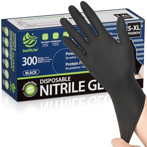 SWIFTLITE - Nitrile Gloves, Disposable Black Gloves, Food Safe Rubber Gloves, Latex Free, Powder Free for Cooking, Cleaning, Prepping Food (Large, 300 Count)