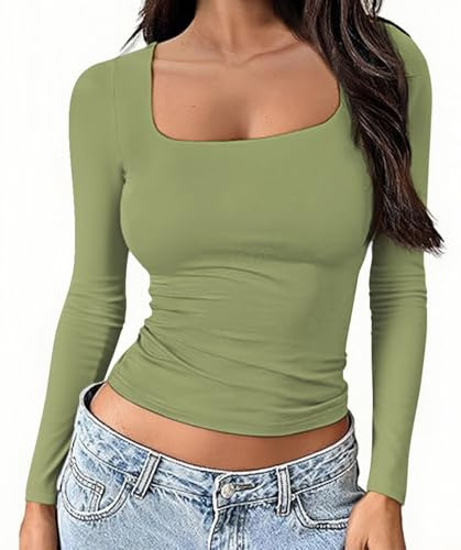OYIGELZ Womens Long Sleeve Shirts Crop Tops Square Neck Basic Cotton Tees Fall Fashion 2026 Y2k Going Out Tops