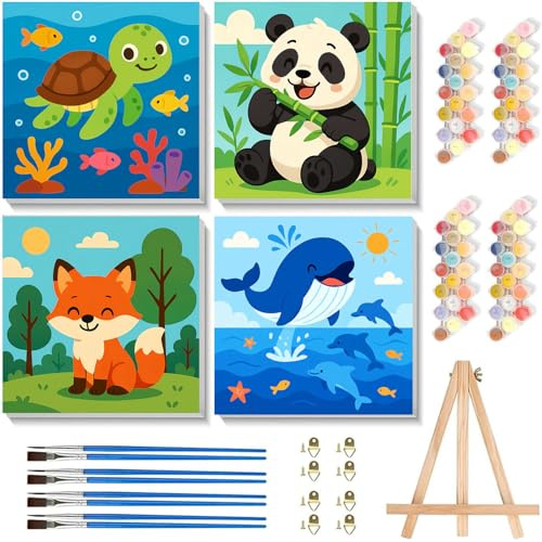Arttoplus 4 Pack Paint by Numbers Kit for Kids with Frame,Cute Animals Kids Paint by Numbers Ages 4-6-8 with Wooden Easel,Easy DIY Acrylic Oil Painting by Number for Gift Home Wall Decor(8x8 inch)