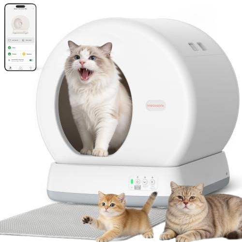 MeoWant Self Cleaning Litter Box, 10 Sensors, WiFi, 40dB, 57.6L Senior Cats | 10 sensors stop when cat enters, WiFi APP monitors weight, auto-clean odor seal, 40dB quiet, 57.6L low entry senior cats.