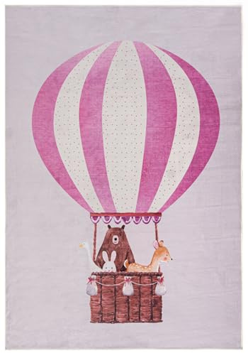 Mazovia Spielteppich Kinderzimmer 120x170cm Creme Rosa Ballon Pflegeleicht | Kinderteppich für Schlafzimmer Spielzimmer Mädchen Beige Maschinenwaschbar Rutschfest Allergikerfreundlich Tierfreundlich