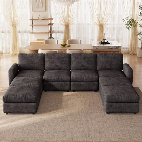 Guyii Modulares Sofa in Dunkelgrau, Eckcouch mit Schlaffunktion – Bequeme Sofas & Couches für Wohnzimmer, Vielseitige Schlafcouch mit weichem Stoff ((8 Sitzplätze (4 Sitze und 4 Ottomanen)))