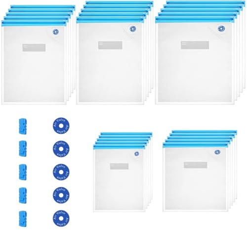 VOAKZEF 25 Pcs Sous Vide Bags 5 Sizes,Vacuum Sealer Zipper Bags,BPA Free Food Vacuum Sealer Bag,Reusable Freezer Food Bags with 5 Sealing Clips & 5 Air Valves,for Food Storage and Sous Vide Cooking
