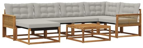 vidaXL Outdoor-Sofagarnitur mit Kissen 7 pcs Natürlich und Hellgrau, Modernes Garten-Sofa-Set, langlebige Loungemöbel, stylische Terrassensitze, wetterfeste Schaumkissen, Akazienrahmen
