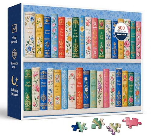 Floral Bookshelf 500 Piece Jigsaw Puzzle for Adults, Colorful Painted Book Spines with Garden Flowers, Vintage Cottagecore Library Art, 20.5 x 15 in Puzzle with Poster for Relaxing Tabletop Assembly