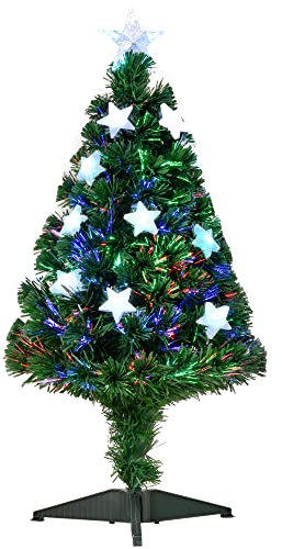 HOMCOM Albero di Natale a Fibre Ottiche 90cm Albero di Natale Artificiale con 12 Luci LED di 3 Colori e Rami in Plastica