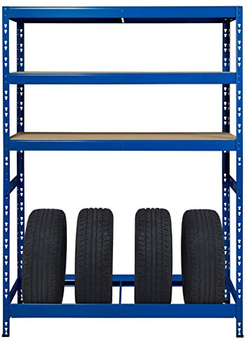 Callidus Baumarkt Schwerlastregal als Reifenregal | für 8 Reifen ✓ 110 cm breit | blau ✓ Werkstattregal Reifenständer Garagenregal (1, 1 Reifen Ebene + 3 Ablage Ebenen)