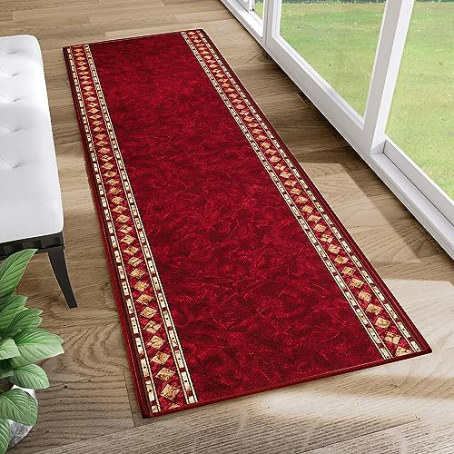 TAPISO Anti Rutsch Teppich Läufer rutschfest Brücke Meterware Oriental Rot Gelb Ornament Design Meliert Flur Küche Wohnzimmer 67 x 130 cm