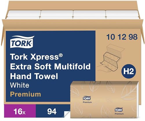 Tork Premium 101298 Extra Soft Xpress Multifunktionales Papierhandtuch, 4-teilig, 2-lagig, 23,2 cm Breite x 32,5 cm Länge, Weiß (Packung mit 16 Packungen, 94 pro Packung, 1.504 Handtüchern)