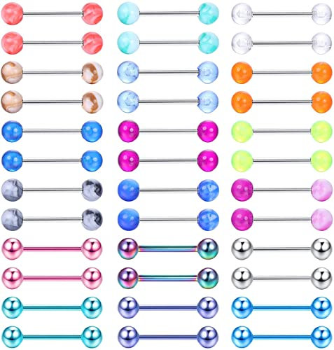 CASSIECA 36 Stück 14G Zungenpiercing Chirurgenstahl Brustwarzenpiercing Nippelpiercing Set Barbell Piercing Zunge Nippel Bars Tongue Piercing Brustwarze Stablänge 14mm