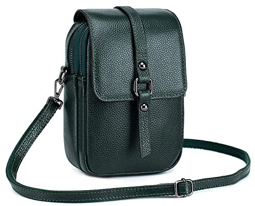 FORRICA Handy Umhängetasche Damen Handytasche zum Umhängen Echte Leder Handtaschen Frauen Schultertasche Kleine Crossbody Tasche Geldbörse Grün