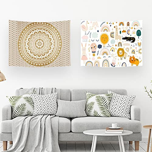 Ulticool – Wandteppich Dekoration Wohnung - Regenbogen Tiere Mandala Bohemien Hippie - Beige Gold - Set von 2 Motiven – 73 cm x 95 cm - Wandtuch