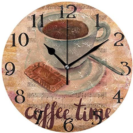 Mnsruu Large Wall Clocks, Vintage Cup Coffee Cookie Non Ticking 25cm Clock Silent Clocks Atomic Analog Clocks Living Room Kitchen Bedroom Office Home Decor Easy to Read