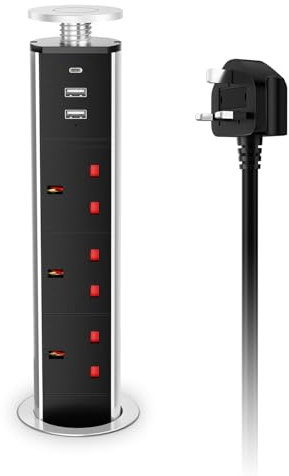 Pull Pop Up Sockets for Kitchen Worktops, HANNELORE Pop Up Power Socket with USB C PD20W, Hidden Recessed Desk Power Strip with USB, Worktop Socket 3 Outlets, 13A/3250W, 60MM Hole