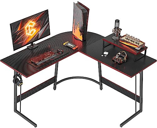 CubiCubi L Shaped Gaming Desk Computer Office Desk, 120 cm Corner Desk with Large Monitor Stand for Home Office Study Writing Workstation, Black Carbon Fiber