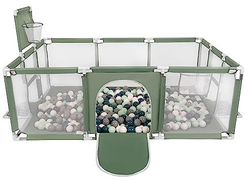Selonis Laufstall Baby Großer Spielplatz Mit 200 Bälle Laufgitter Für Kinder, Grün:Dunkeltürkis/Grau/Weiß/Minze