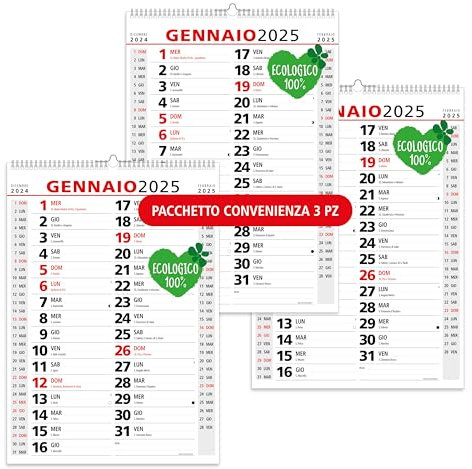 Klassischer Niederländischer Wandkalender 2025 – 14 Blätter – 3 Monate pro Seite mit Feiern wie Mond und Heiligen aus 100% umweltfreundlichem Papier – FSC®-zertifiziert – 42 x 29,7 cm – 3 Stück.
