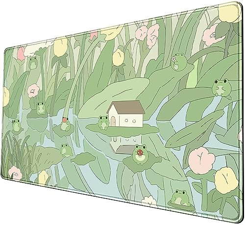 Anime Green Frog Desk Mat - 31.5x15.7in Floral Mousepad - Plant Pad With Tulip Aesthetic - Large Gaming Mouse Mat and Organizer