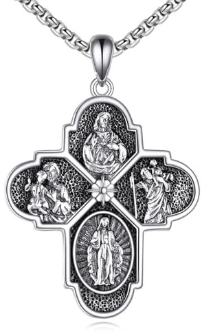 VONALA Schutzpatron Kreuz Halskette Amulett Medaille Patron Halskette 925 Sterling Silber Gebetsanhänger Religiöser Schmuck für Männer Frauen