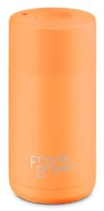 frank green Reusable Cup with Push-Button Lid, Triple Wall Vacuum Insulated Coffee Cup Travel Mug, Ceramic Lined Flask for Hot and Cold Drinks, Stainless Steel - Cloud, 12oz/340ml (Neon Orange)
