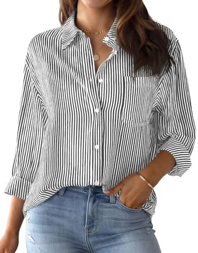 MINTLIMIT Women's Striped Button Down Shirts Long Sleeve Casual Blouse Tops with Pockets for Women 2024 Black