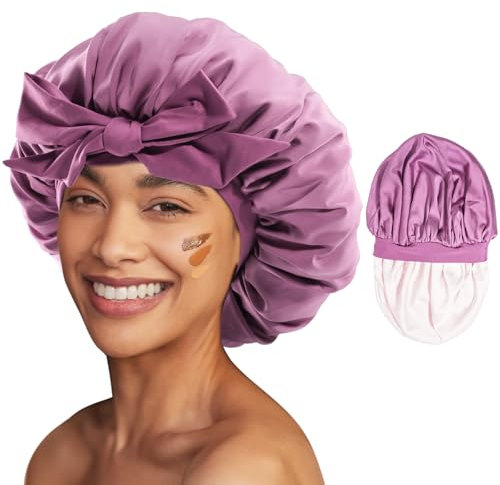 Lolalet Bonnet Satin Cheveux Nuit Femme, Bonnet de Nuit en Satin, avec Bande Élastique Réglable -Rose