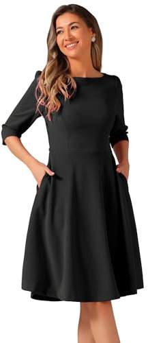 Allegra K Wear to Work Dress for Women's Boat Neck Short Sleeves Midi Flared Office Dresses Black M
