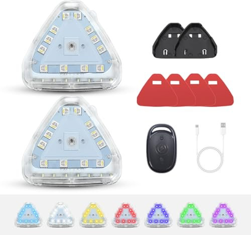ONCCI 2x Warnleuchte Dreieck super helle LED Blinkleuchte Dimmbar 7 Farbe Lichte Langeleuchten/Blizten mit magnet Bode/Fernbedienung USB-Kabel für Auto LKW Traktor Golfwagen SUV (S:4.5 * 4.5cm)