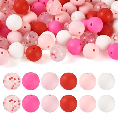 Crafans 15MM Round Silicone Focal Beads Transparent&Opaque Soft Rubber Spacer Beads Chunky Beads for DIY Bracelet Keychains Jewelry Making, Pink&Red, 65Pcs