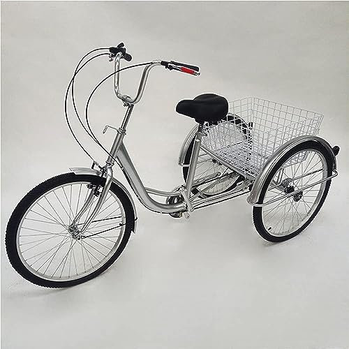 Dreirad für Erwachsene 24 Zoll Dreirad Cruiser Senioren Tricycle 6 Gang Einkauffahrrad Lastenfahrrad mit Korb und Licht Silber