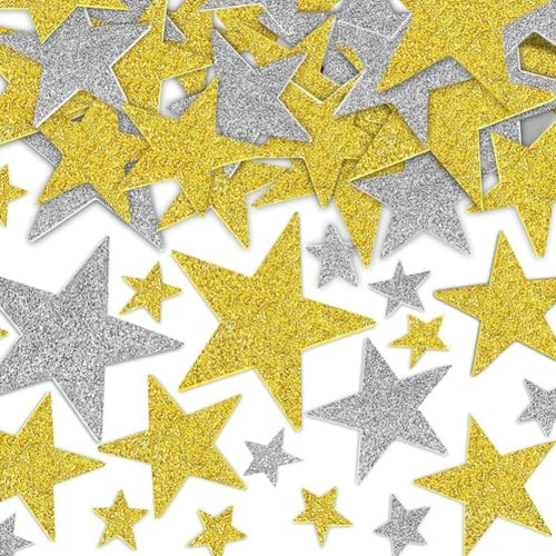 Moosgummi Glitzer Sterne Sticker, 100 Stück Gold und Silber Selbstklebend Aufkleber, Schaumstoff Star Foam Stickers für DIY Basteln Gestalten Handwerk