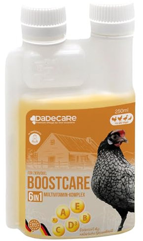 Hühner Vitamine 6-in-1 250ml | Vitamin A-E-D-C-K-B für Hühner Winter & Mauserhilfe | Ergänzendes Futter für Hühner, Küken und Exoten | Vitamin ADEC + mit Dosierer