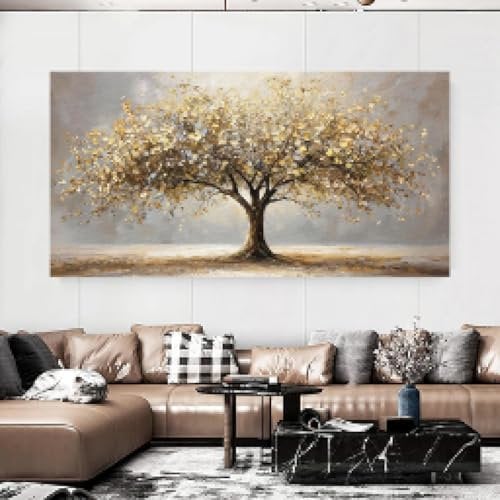 ZHUOYA Elegante Albero della Vita con Foglie d'Oro Tela Arte da Parete Paesaggio Autunnale Stampa Poster, Oro e Beige, Decorazione per la Casa 55x110cm Senza Cornice