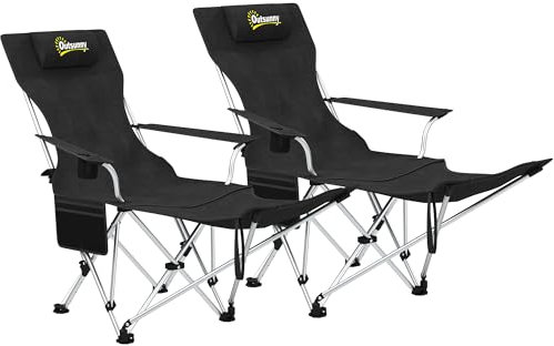 Outsunny Lot de 2 chaises de Camping Pliante inclinable, Chaise Longue de pêche Portable et légère avec Repose-Pieds Amovible, Sac de Rangement, Porte-gobelet et Appui-tête, Noir